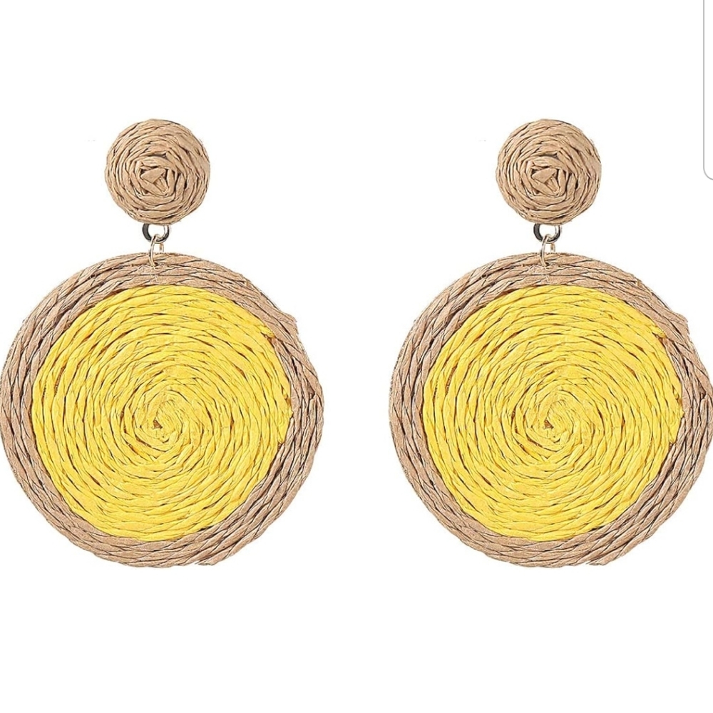Yellow Circle Rattan Earrings Straw Raffia Earrings Bohemian Jewelry